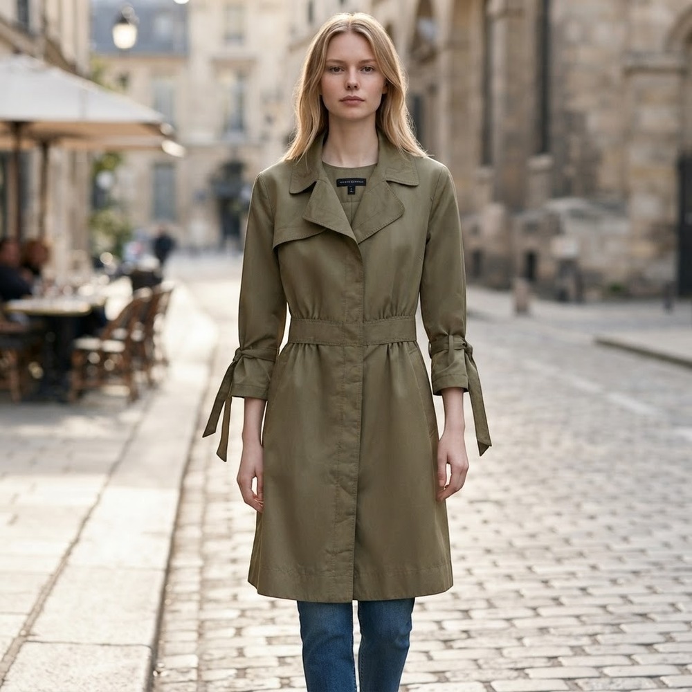 Banana Republic Womens Olive Green Lightweight Tie Cuff Trench Coat Petite 4